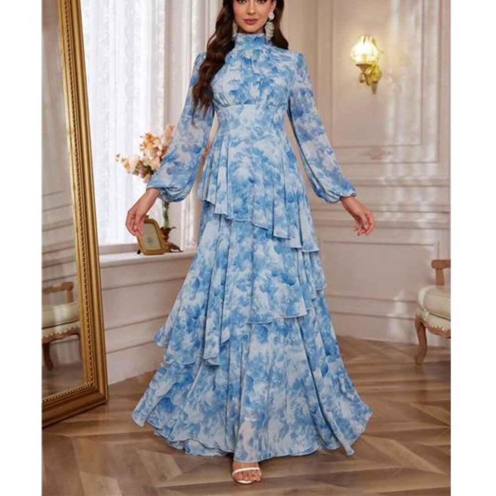 33- NEW - Elegant‎ Floral Print Stand Collar Lantern Sleeve Ruffled Hem Long